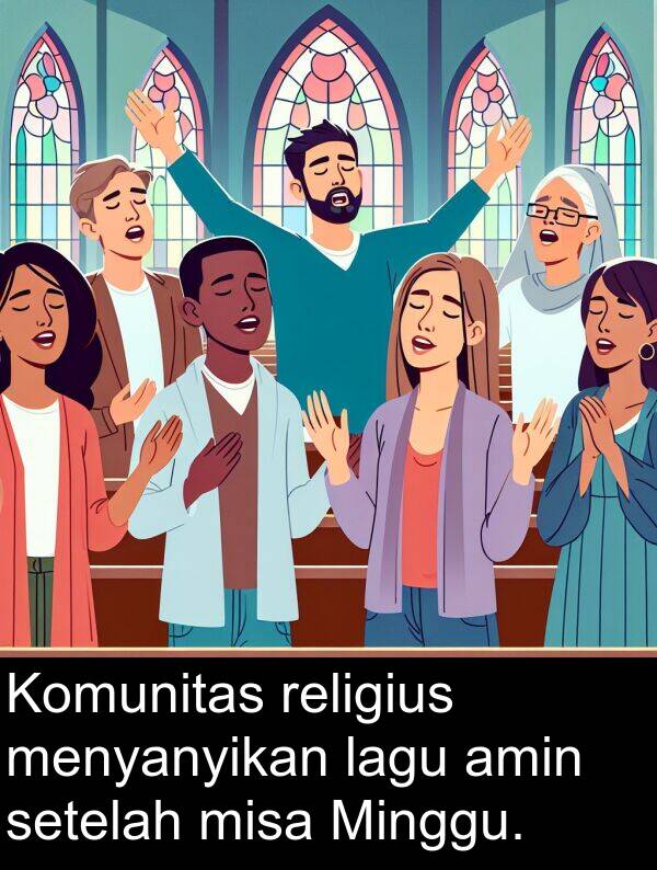 religius: Komunitas religius menyanyikan lagu amin setelah misa Minggu.