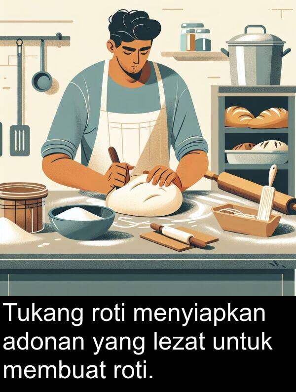 roti: Tukang roti menyiapkan adonan yang lezat untuk membuat roti.