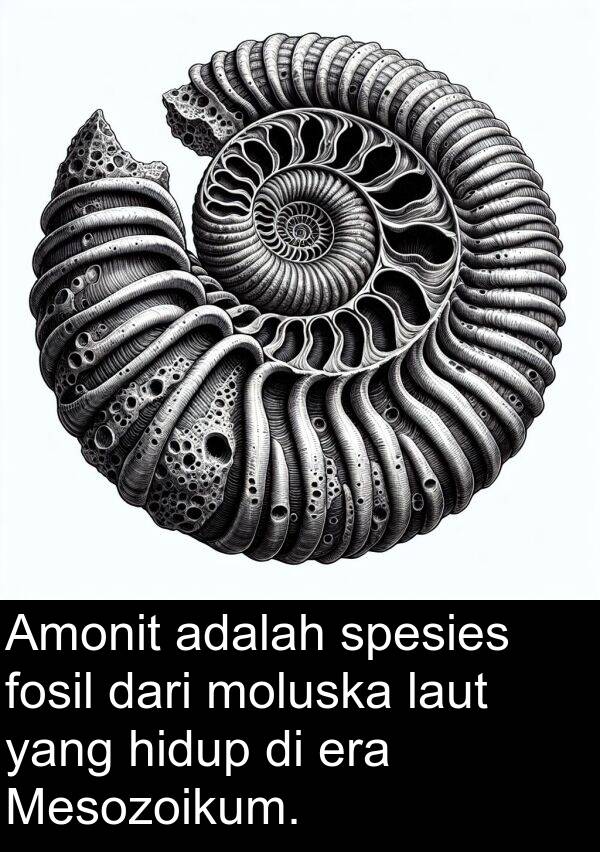 laut: Amonit adalah spesies fosil dari moluska laut yang hidup di era Mesozoikum.