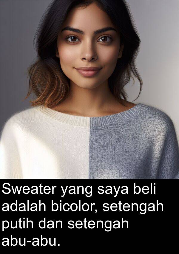 beli: Sweater yang saya beli adalah bicolor, setengah putih dan setengah abu-abu.