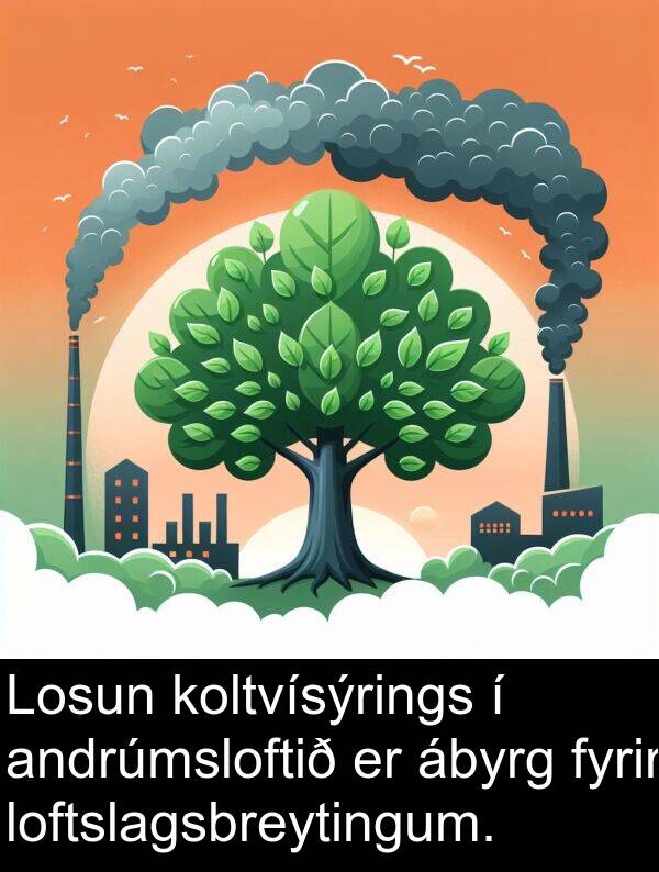 koltvísýrings: Losun koltvísýrings í andrúmsloftið er ábyrg fyrir loftslagsbreytingum.