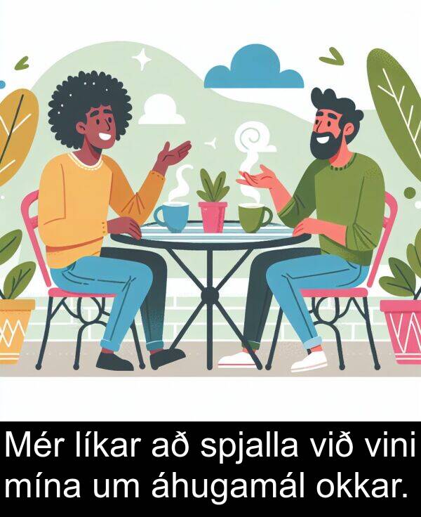 áhugamál: Mér líkar að spjalla við vini mína um áhugamál okkar.