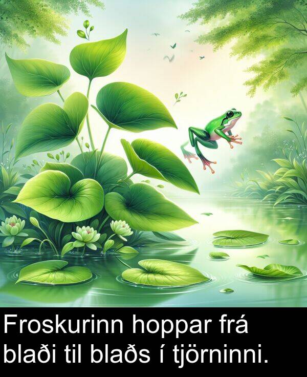 blaði: Froskurinn hoppar frá blaði til blaðs í tjörninni.