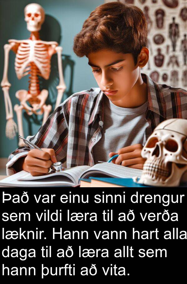 hart: Það var einu sinni drengur sem vildi læra til að verða læknir. Hann vann hart alla daga til að læra allt sem hann þurfti að vita.