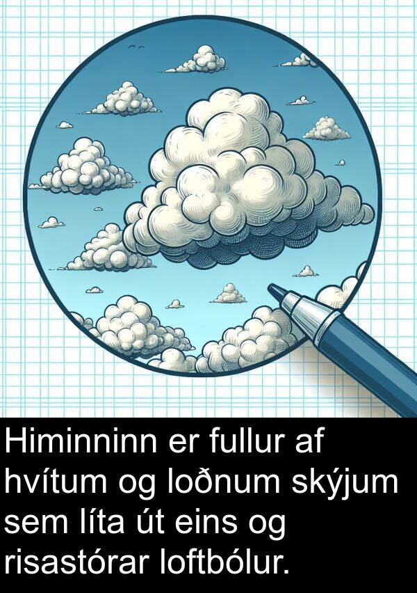 loftbólur: Himinninn er fullur af hvítum og loðnum skýjum sem líta út eins og risastórar loftbólur.