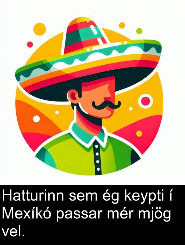 passar: Hatturinn sem ég keypti í Mexíkó passar mér mjög vel.