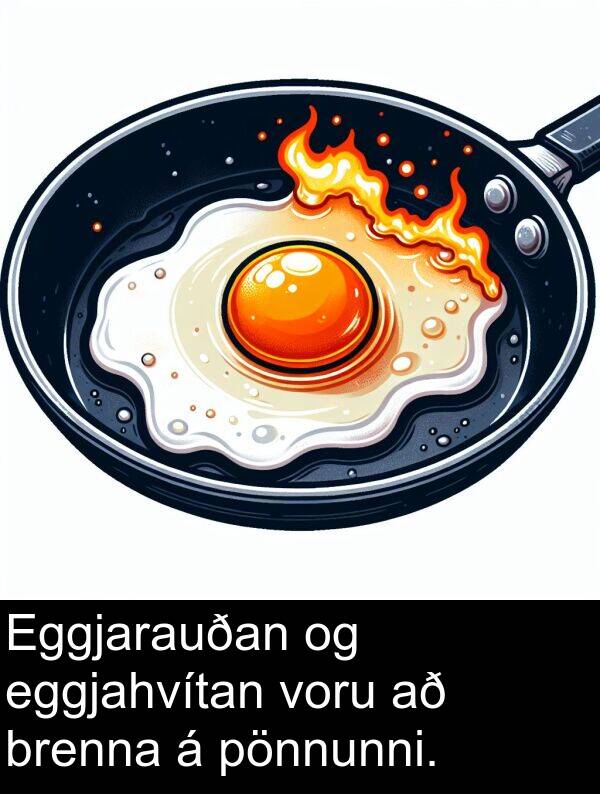 pönnunni: Eggjarauðan og eggjahvítan voru að brenna á pönnunni.