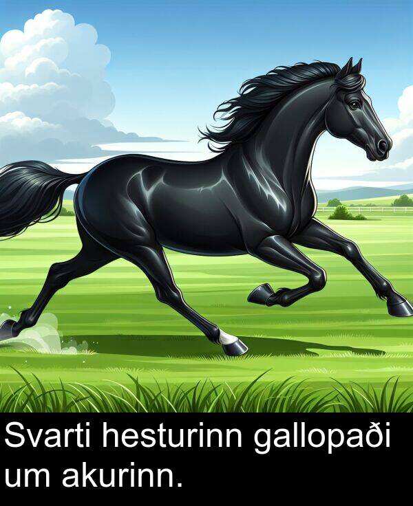 gallopaði: Svarti hesturinn gallopaði um akurinn.