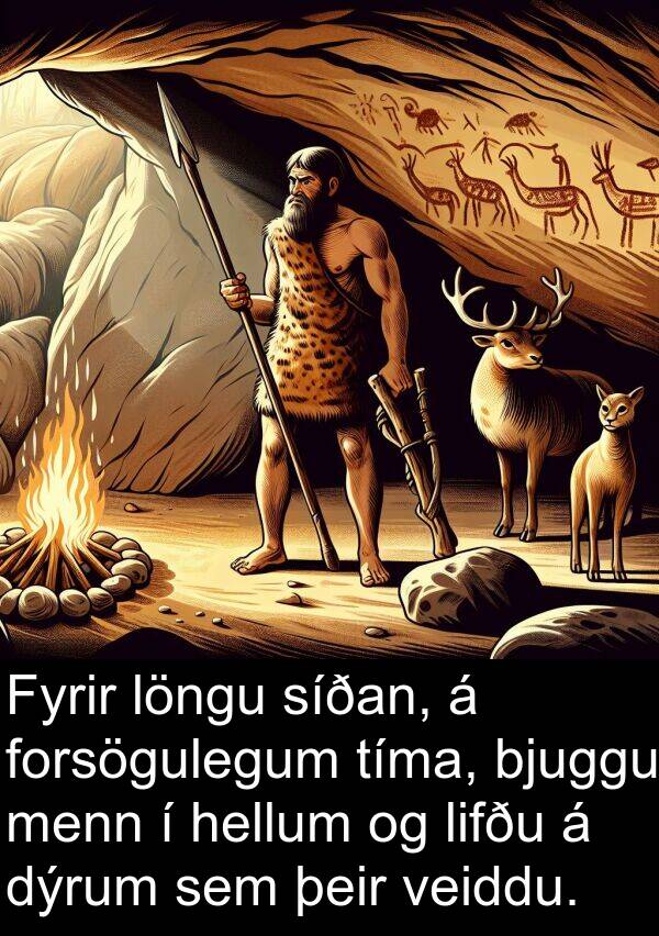 bjuggu: Fyrir löngu síðan, á forsögulegum tíma, bjuggu menn í hellum og lifðu á dýrum sem þeir veiddu.