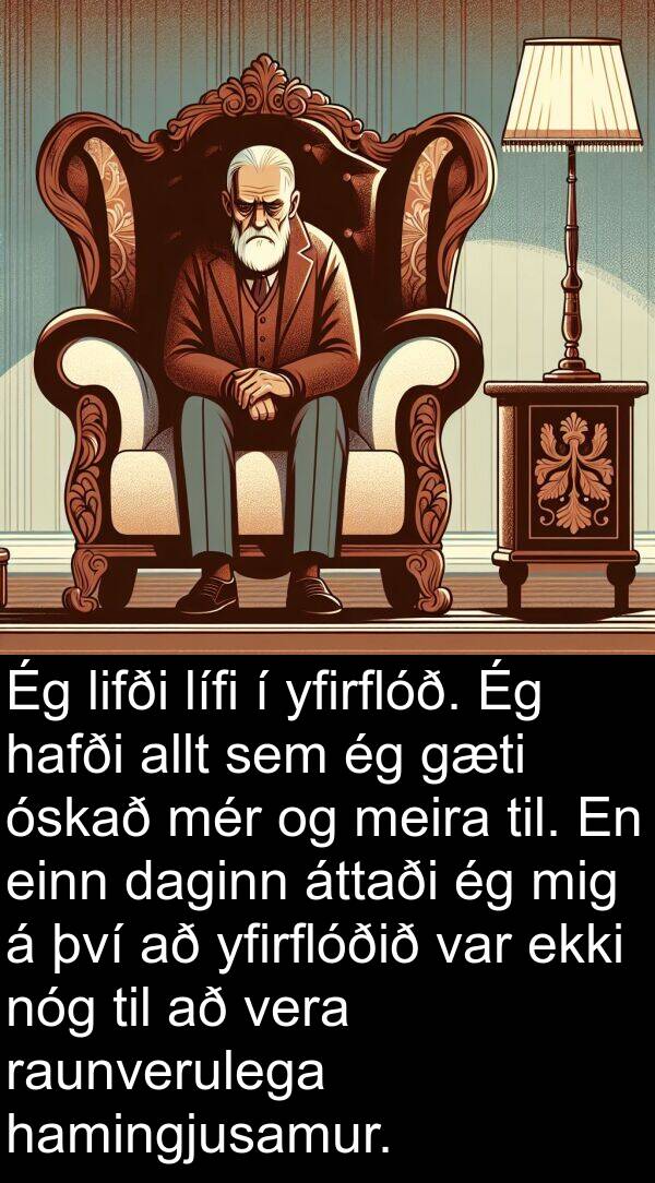 yfirflóð: Ég lifði lífi í yfirflóð. Ég hafði allt sem ég gæti óskað mér og meira til. En einn daginn áttaði ég mig á því að yfirflóðið var ekki nóg til að vera raunverulega hamingjusamur.