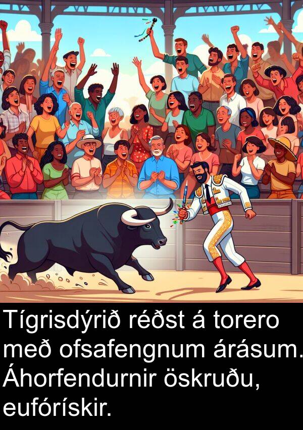 torero: Tígrisdýrið réðst á torero með ofsafengnum árásum. Áhorfendurnir öskruðu, eufórískir.