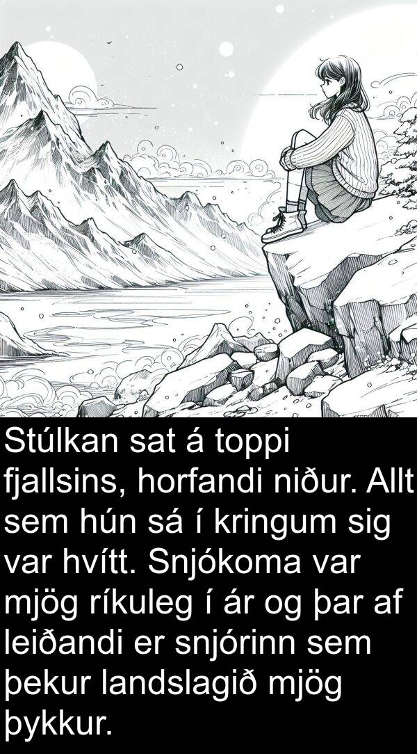 leiðandi: Stúlkan sat á toppi fjallsins, horfandi niður. Allt sem hún sá í kringum sig var hvítt. Snjókoma var mjög ríkuleg í ár og þar af leiðandi er snjórinn sem þekur landslagið mjög þykkur.