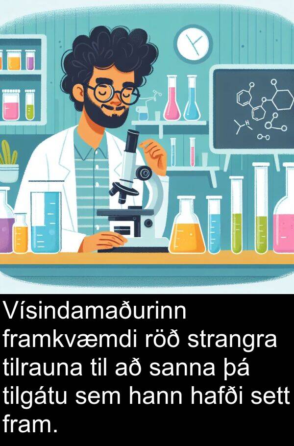 sett: Vísindamaðurinn framkvæmdi röð strangra tilrauna til að sanna þá tilgátu sem hann hafði sett fram.