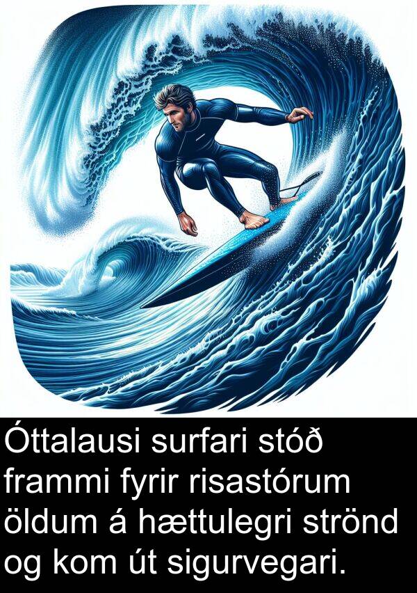 surfari: Óttalausi surfari stóð frammi fyrir risastórum öldum á hættulegri strönd og kom út sigurvegari.