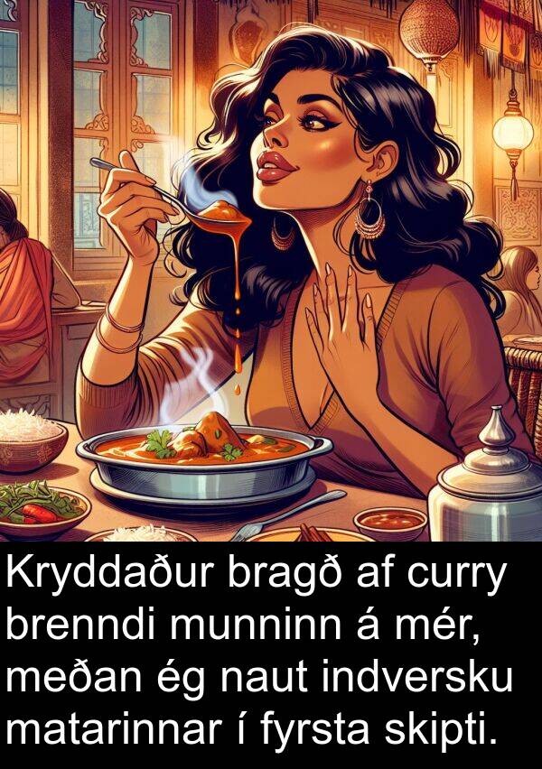 indversku: Kryddaður bragð af curry brenndi munninn á mér, meðan ég naut indversku matarinnar í fyrsta skipti.