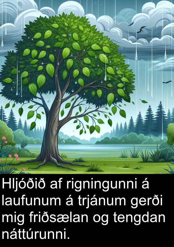 laufunum: Hljóðið af rigningunni á laufunum á trjánum gerði mig friðsælan og tengdan náttúrunni.