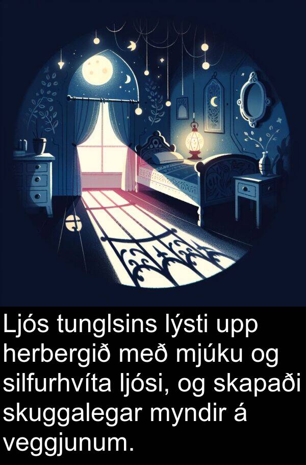 veggjunum: Ljós tunglsins lýsti upp herbergið með mjúku og silfurhvíta ljósi, og skapaði skuggalegar myndir á veggjunum.