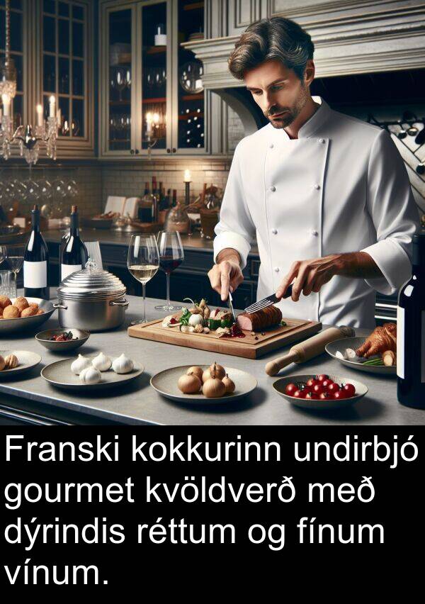 undirbjó: Franski kokkurinn undirbjó gourmet kvöldverð með dýrindis réttum og fínum vínum.