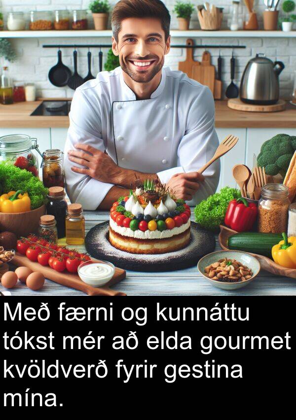 gestina: Með færni og kunnáttu tókst mér að elda gourmet kvöldverð fyrir gestina mína.