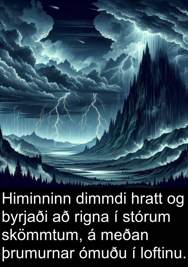 dimmdi: Himinninn dimmdi hratt og byrjaði að rigna í stórum skömmtum, á meðan þrumurnar ómuðu í loftinu.