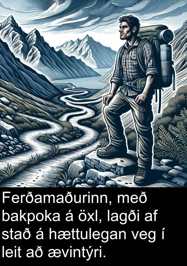 bakpoka: Ferðamaðurinn, með bakpoka á öxl, lagði af stað á hættulegan veg í leit að ævintýri.