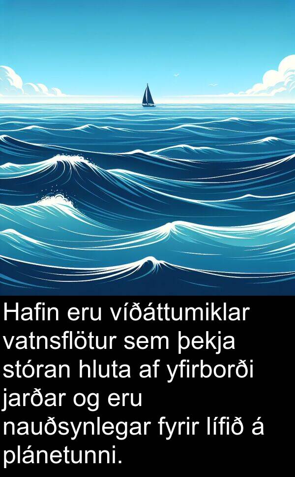 plánetunni: Hafin eru víðáttumiklar vatnsflötur sem þekja stóran hluta af yfirborði jarðar og eru nauðsynlegar fyrir lífið á plánetunni.