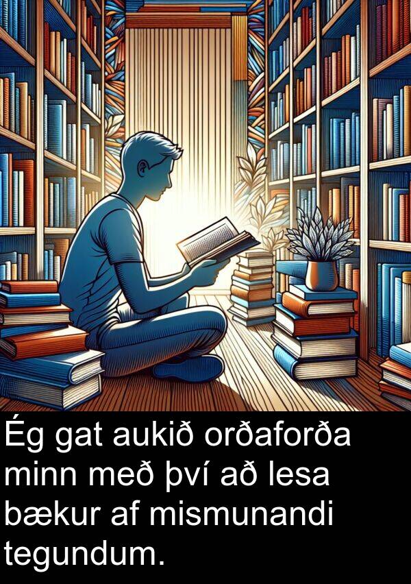 lesa: Ég gat aukið orðaforða minn með því að lesa bækur af mismunandi tegundum.