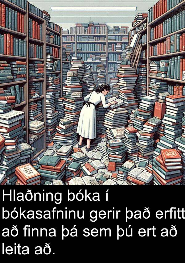 leita: Hlaðning bóka í bókasafninu gerir það erfitt að finna þá sem þú ert að leita að.