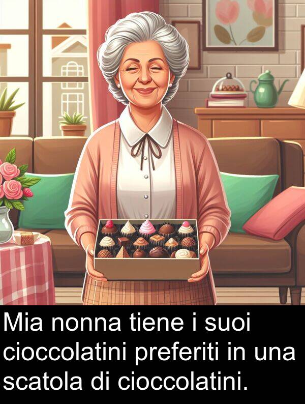 cioccolatini: Mia nonna tiene i suoi cioccolatini preferiti in una scatola di cioccolatini.