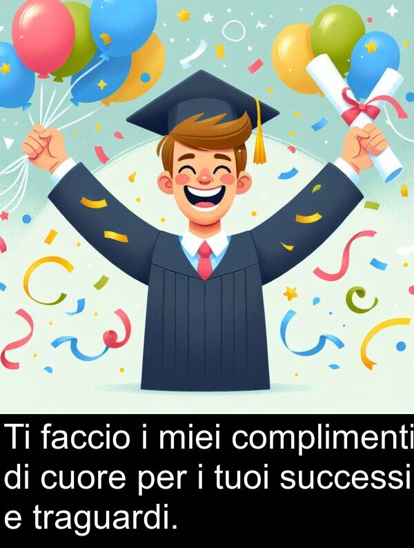 faccio: Ti faccio i miei complimenti di cuore per i tuoi successi e traguardi.