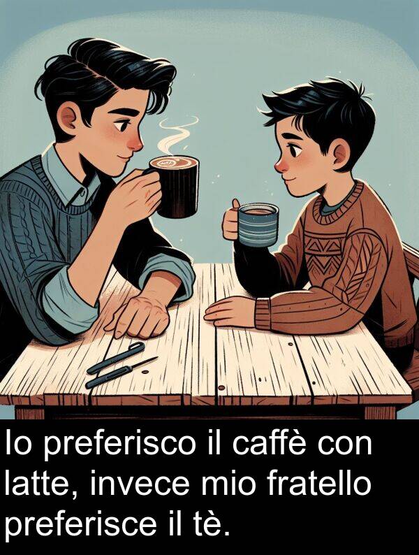 caffè: Io preferisco il caffè con latte, invece mio fratello preferisce il tè.