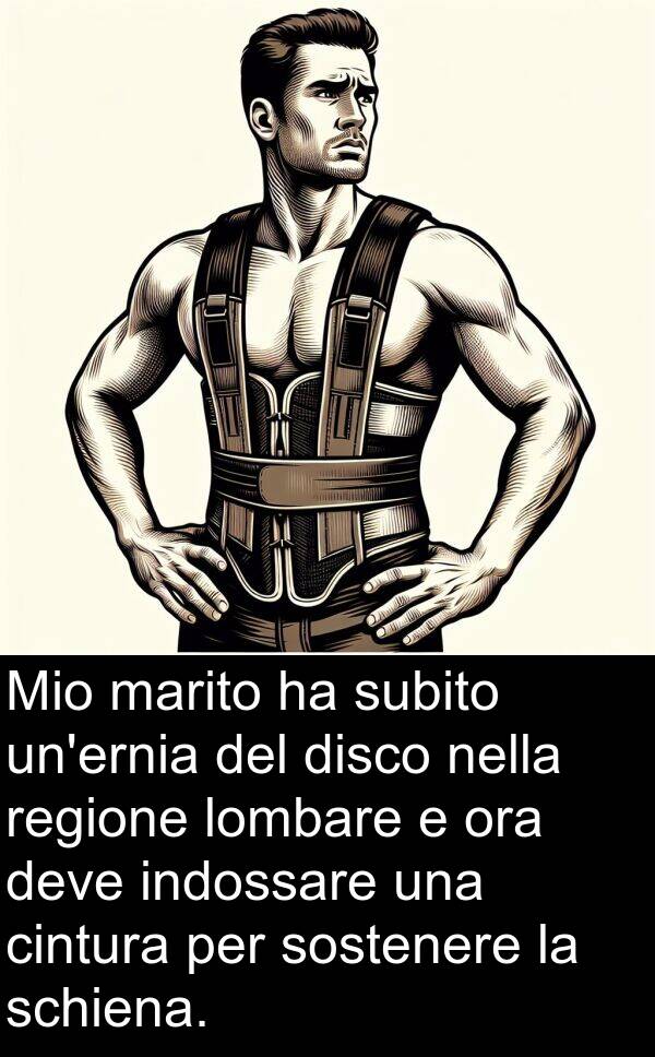 cintura: Mio marito ha subito un'ernia del disco nella regione lombare e ora deve indossare una cintura per sostenere la schiena.