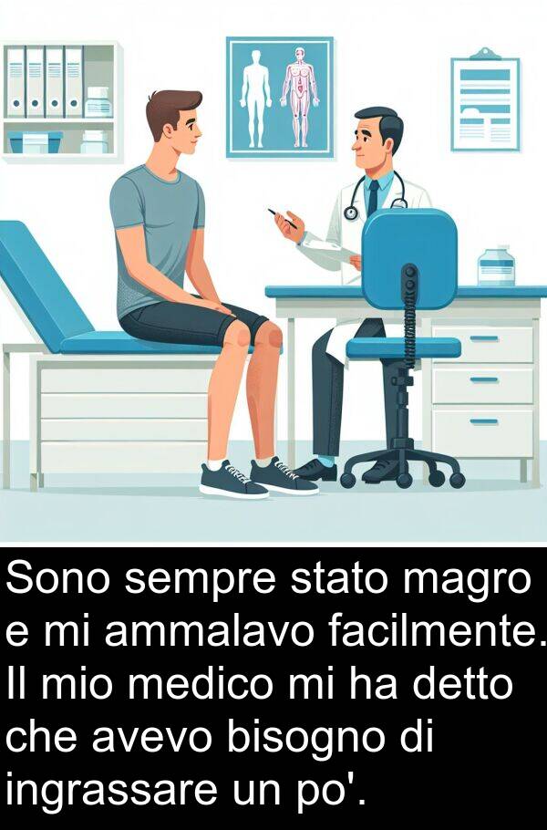 facilmente: Sono sempre stato magro e mi ammalavo facilmente. Il mio medico mi ha detto che avevo bisogno di ingrassare un po'.