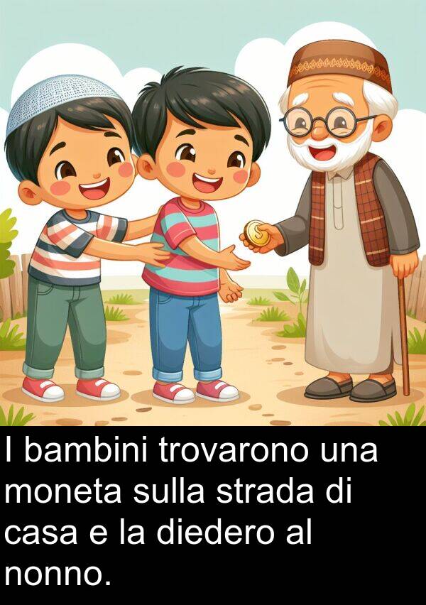 nonno: I bambini trovarono una moneta sulla strada di casa e la diedero al nonno.