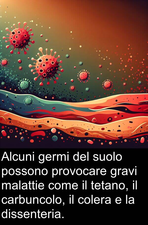 germi: Alcuni germi del suolo possono provocare gravi malattie come il tetano, il carbuncolo, il colera e la dissenteria.