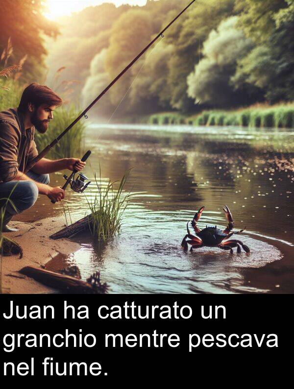 catturato: Juan ha catturato un granchio mentre pescava nel fiume.