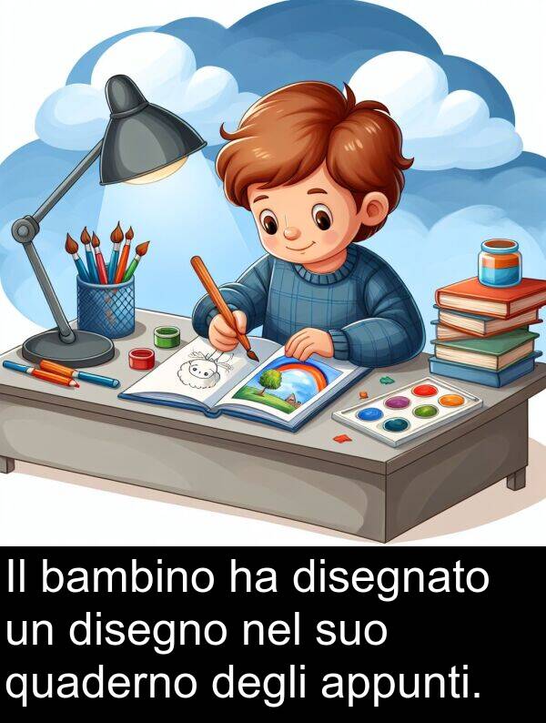 quaderno: Il bambino ha disegnato un disegno nel suo quaderno degli appunti.