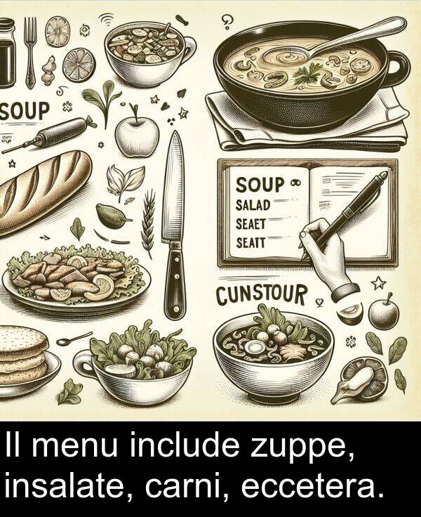 insalate: Il menu include zuppe, insalate, carni, eccetera.