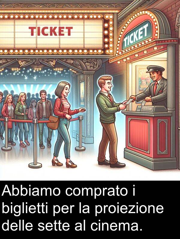 biglietti: Abbiamo comprato i biglietti per la proiezione delle sette al cinema.