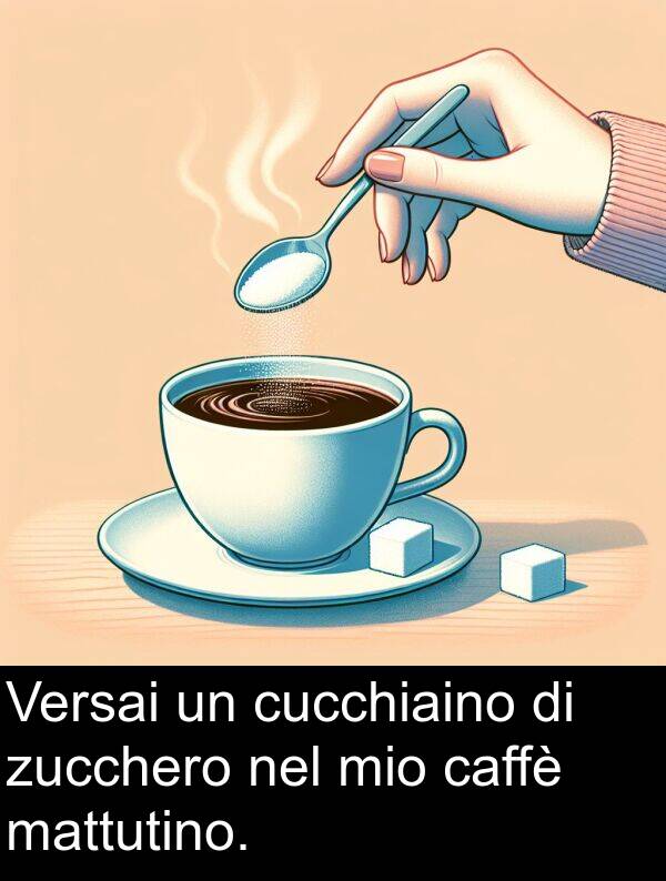 caffè: Versai un cucchiaino di zucchero nel mio caffè mattutino.