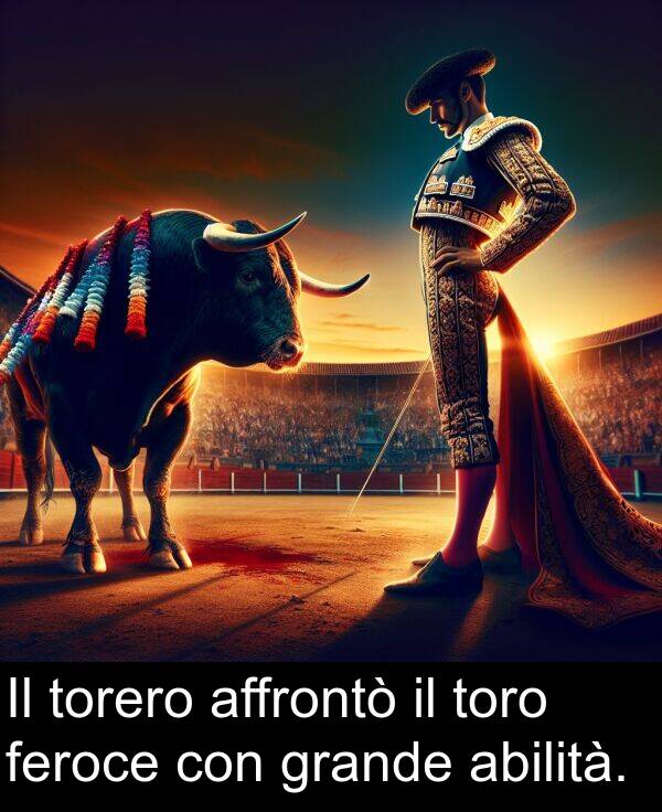 feroce: Il torero affrontò il toro feroce con grande abilità.