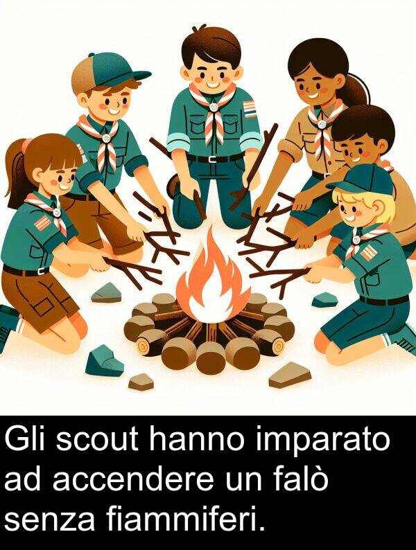 accendere: Gli scout hanno imparato ad accendere un falò senza fiammiferi.