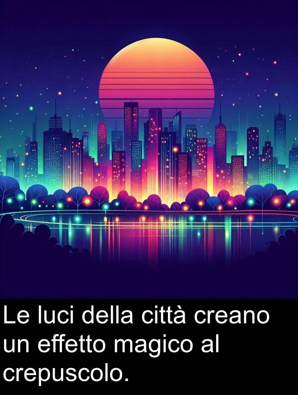 effetto: Le luci della città creano un effetto magico al crepuscolo.