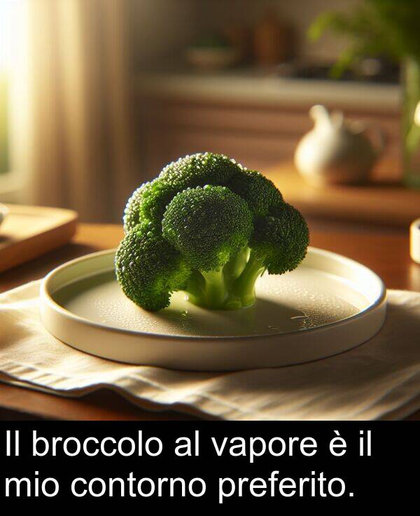 vapore: Il broccolo al vapore è il mio contorno preferito.