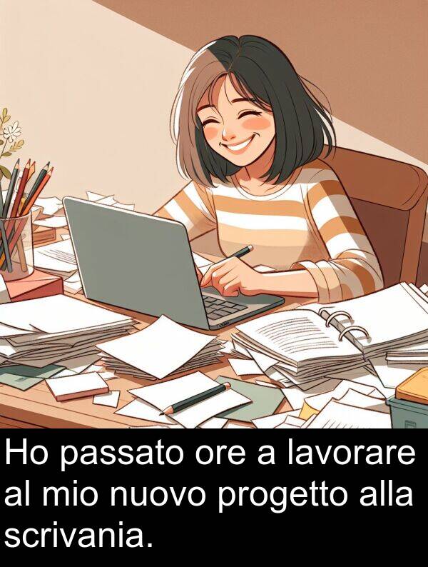 passato: Ho passato ore a lavorare al mio nuovo progetto alla scrivania.