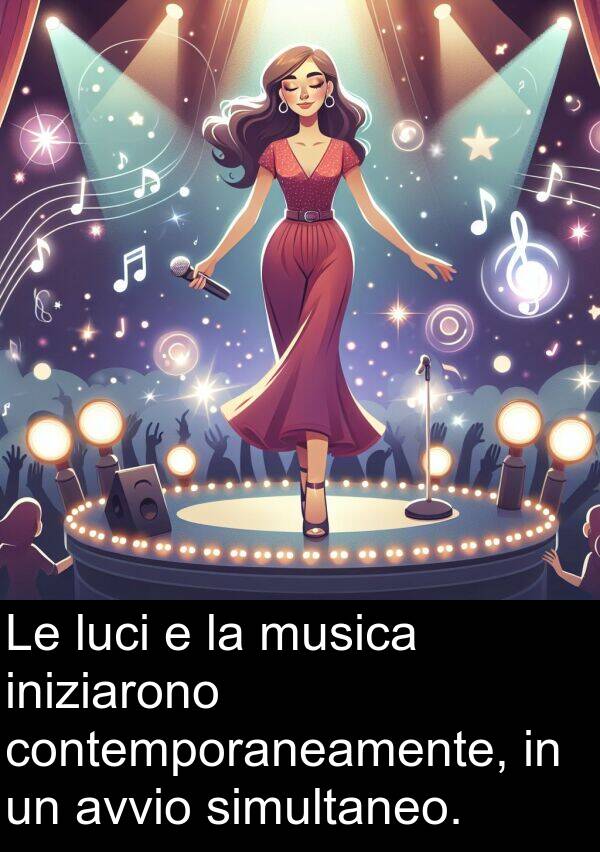 musica: Le luci e la musica iniziarono contemporaneamente, in un avvio simultaneo.