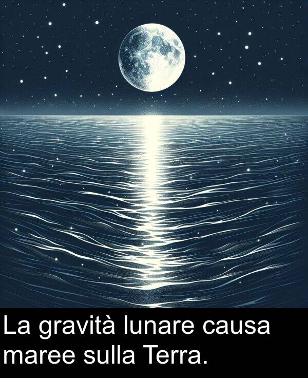 maree: La gravità lunare causa maree sulla Terra.