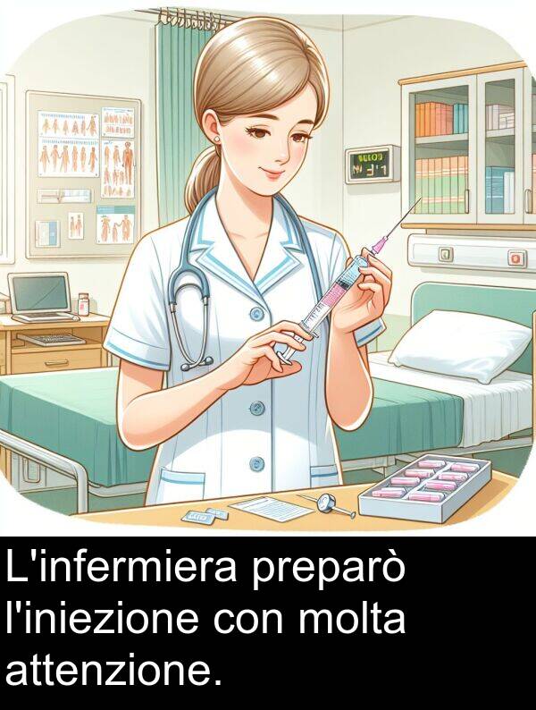 preparò: L'infermiera preparò l'iniezione con molta attenzione.