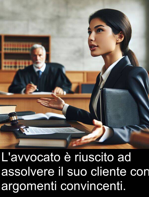 riuscito: L'avvocato è riuscito ad assolvere il suo cliente con argomenti convincenti.