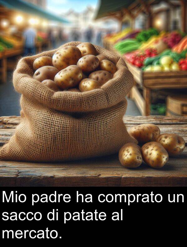 padre: Mio padre ha comprato un sacco di patate al mercato.